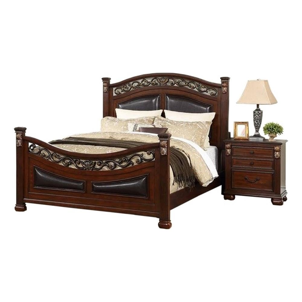 California King Wood Bed with Faux Leather Arched Headboard W1118