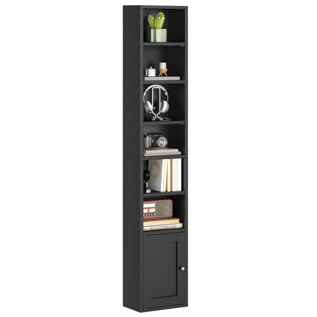 7-Tier Narrow Bookshelf with Door and Storage Cabinet, Black A32331