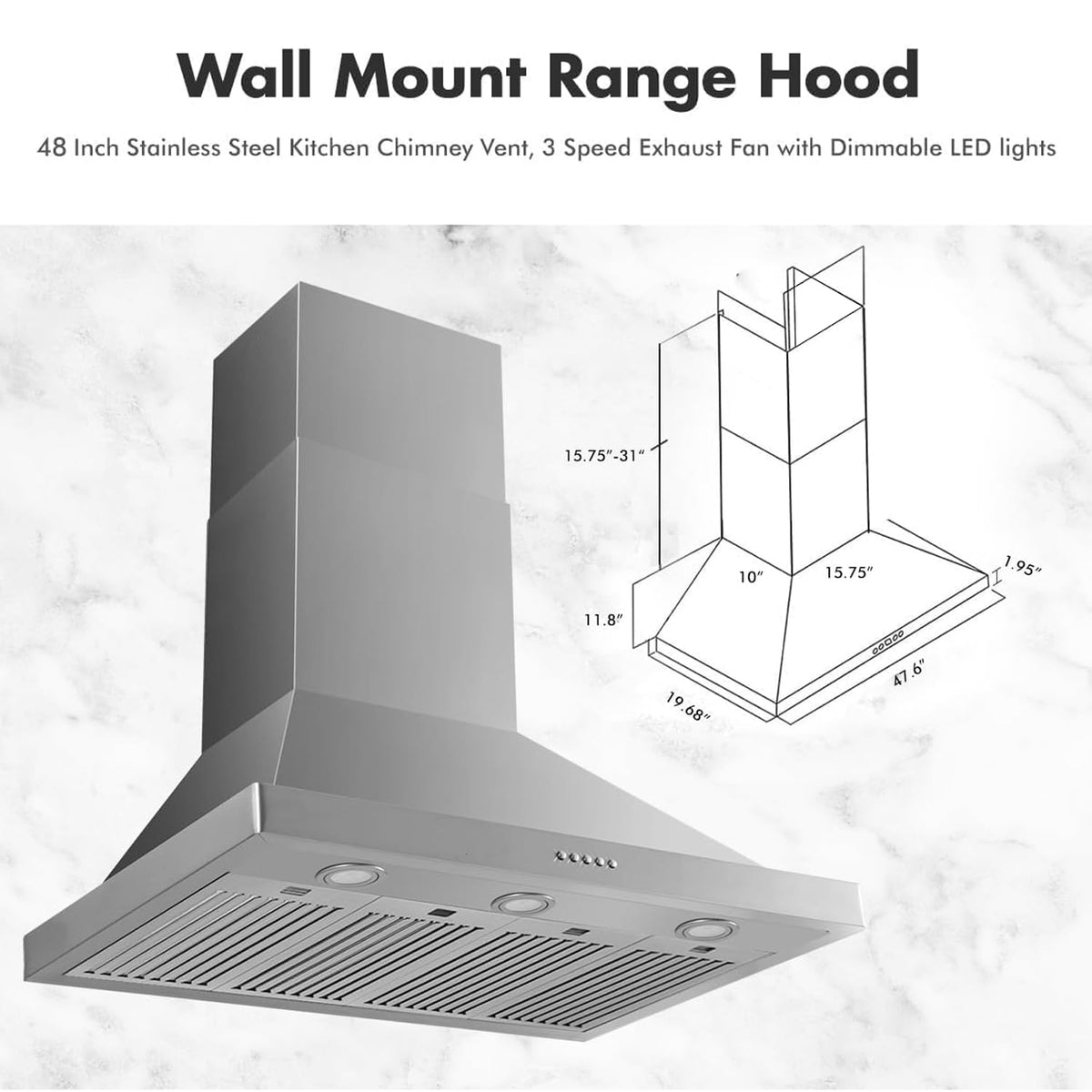 48 inch 800CFM Stainless Steel Wall Mount Range Hood W2768