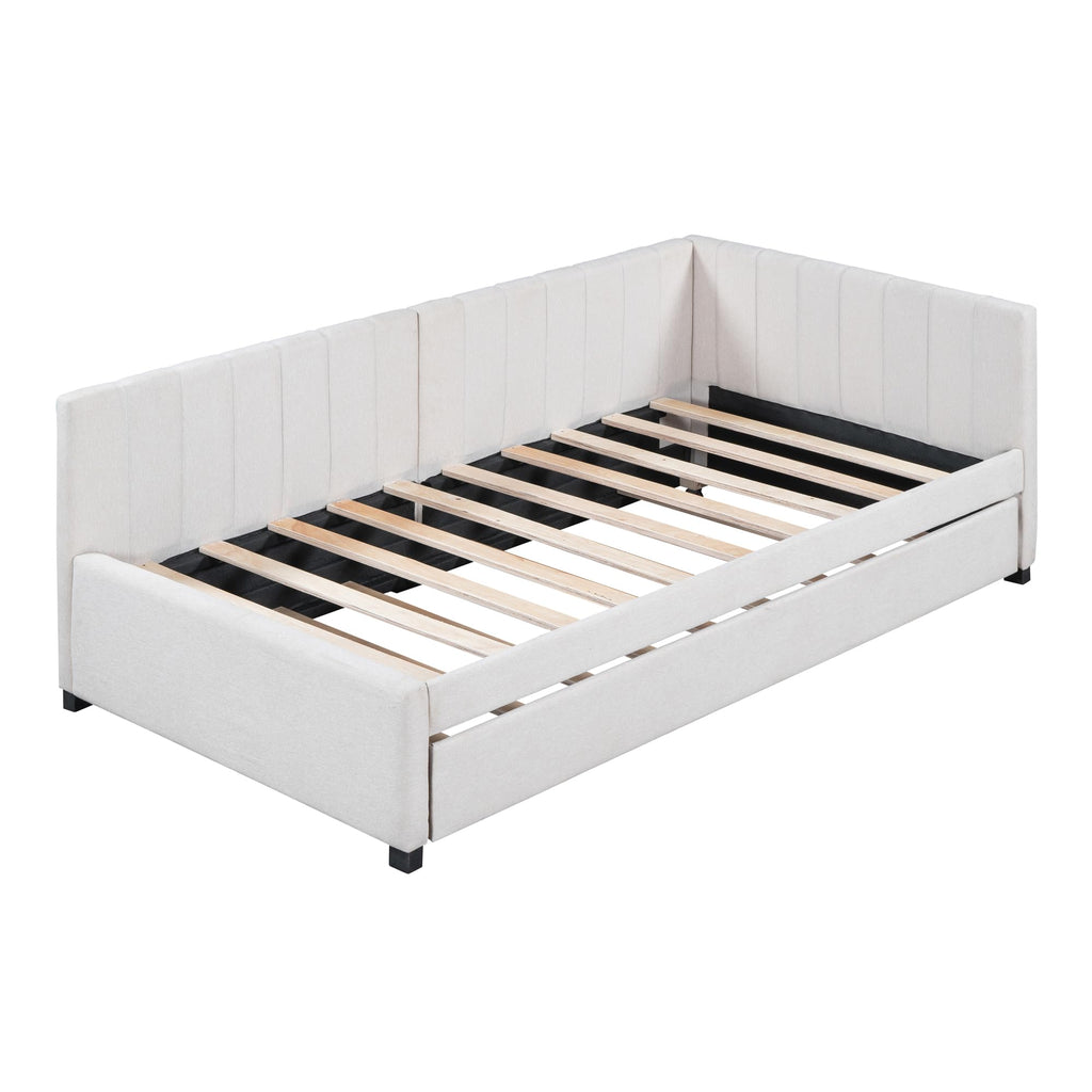 Upholstered Twin Daybed with Trundle, Linen Fabric, Beige G781