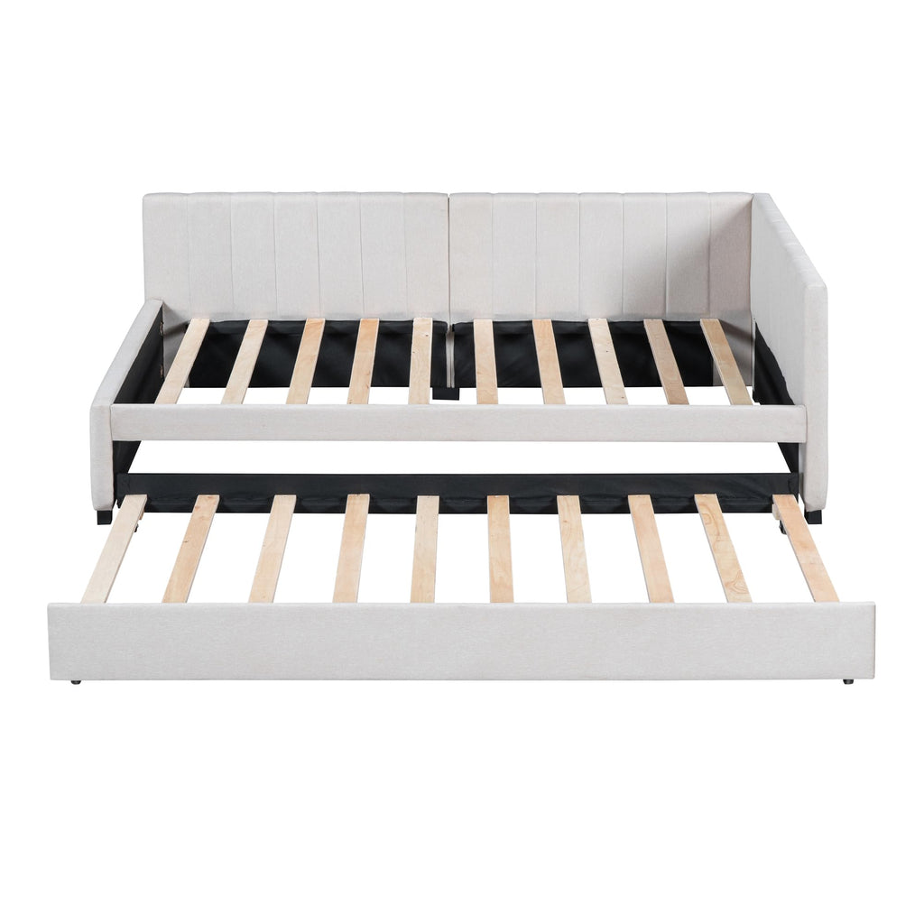 Upholstered Twin Daybed with Trundle, Linen Fabric, Beige G781
