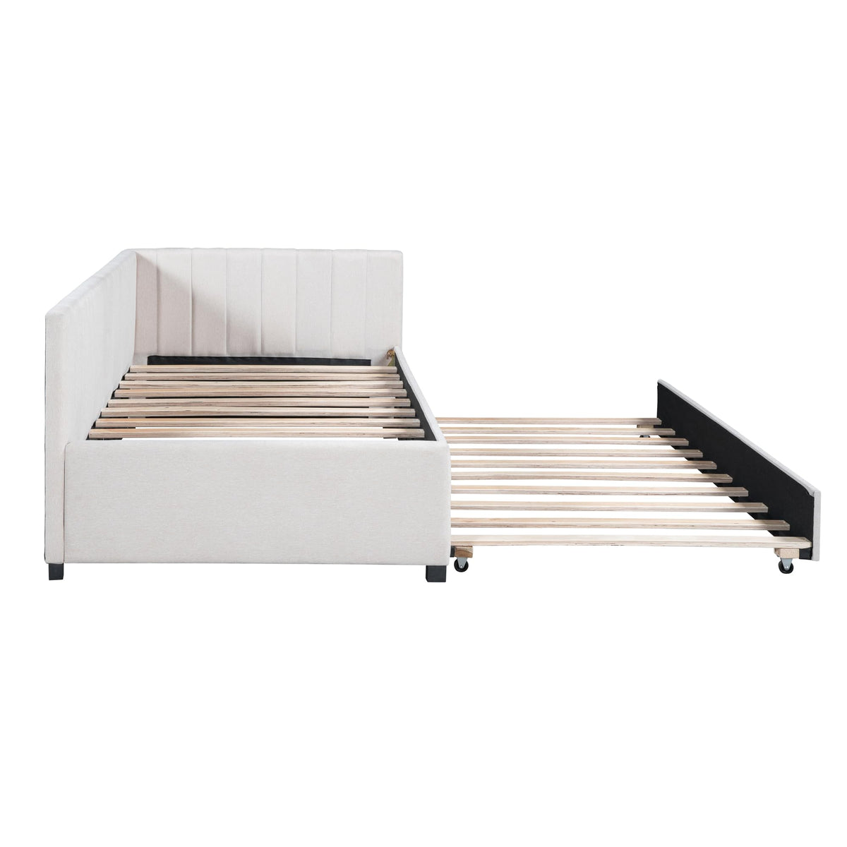 Upholstered Twin Daybed with Trundle, Linen Fabric, Beige G781