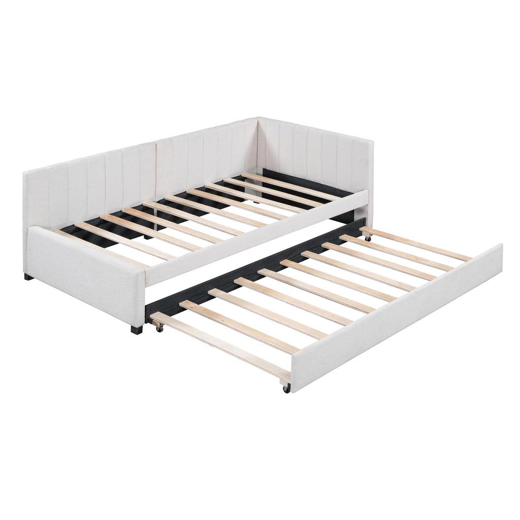 Upholstered Twin Daybed with Trundle, Linen Fabric, Beige G781