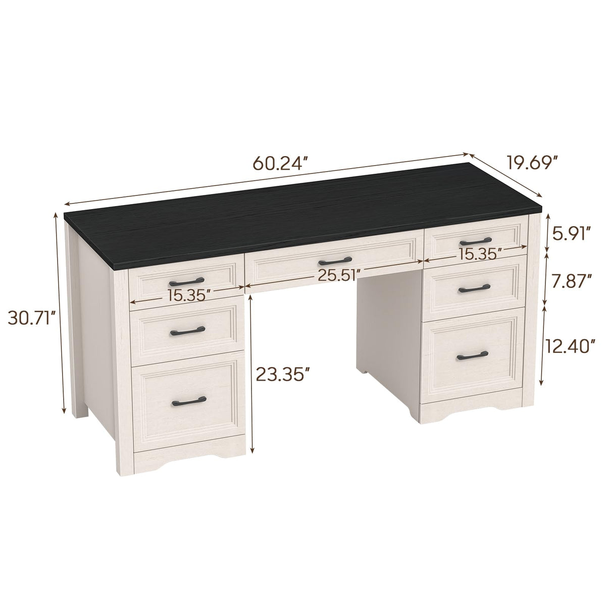 Black Wood Executive Desk with 2 File Drawers and 5 Storage Cabinets K48336