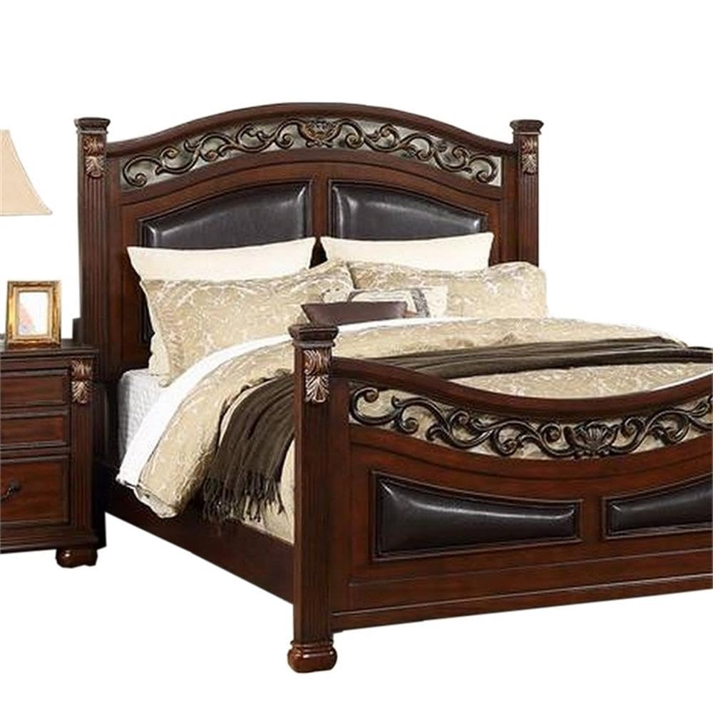 California King Wood Bed with Faux Leather Arched Headboard W1118