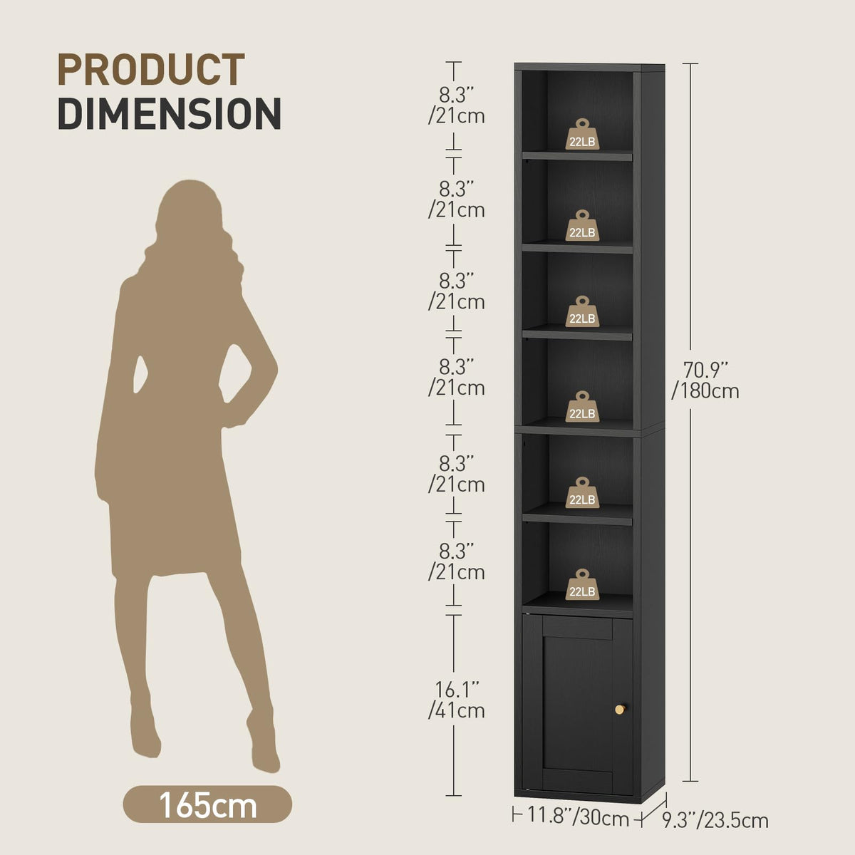7-Tier Narrow Bookshelf with Door and Storage Cabinet, Black A32331
