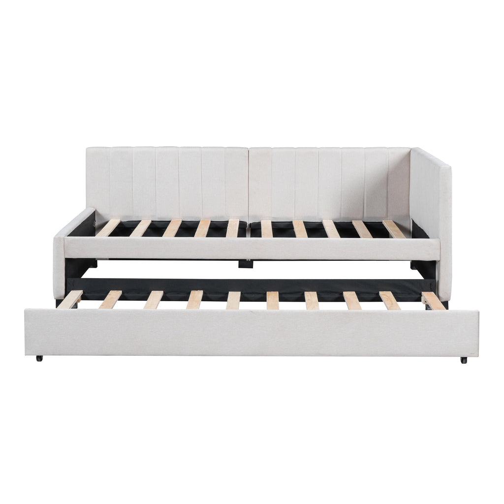 Upholstered Twin Daybed with Trundle, Linen Fabric, Beige G781