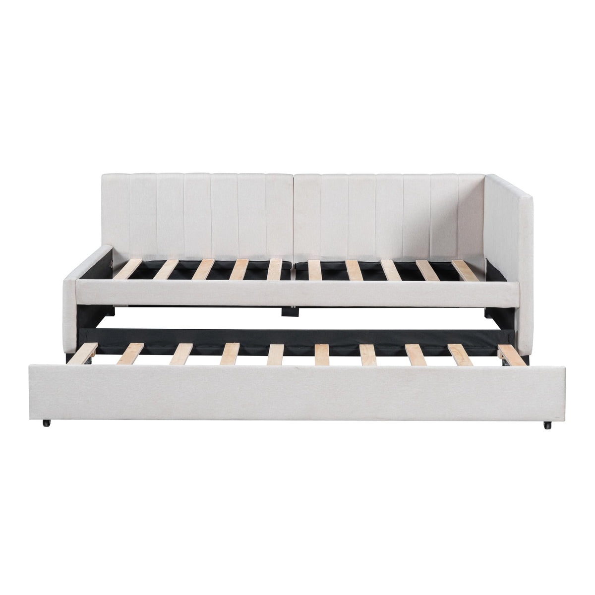 Upholstered Twin Daybed with Trundle, Linen Fabric, Beige G781
