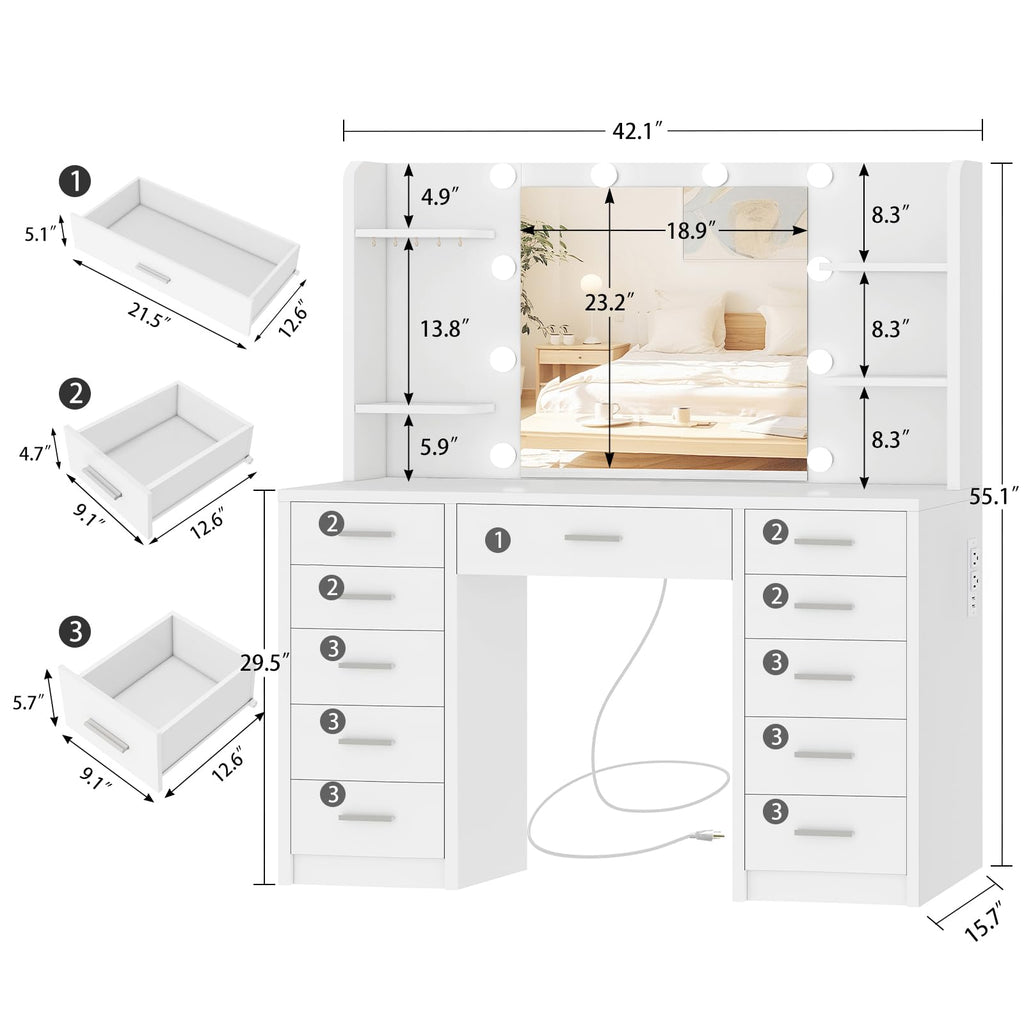 White Vanity Desk with Mirror and Lights E792076