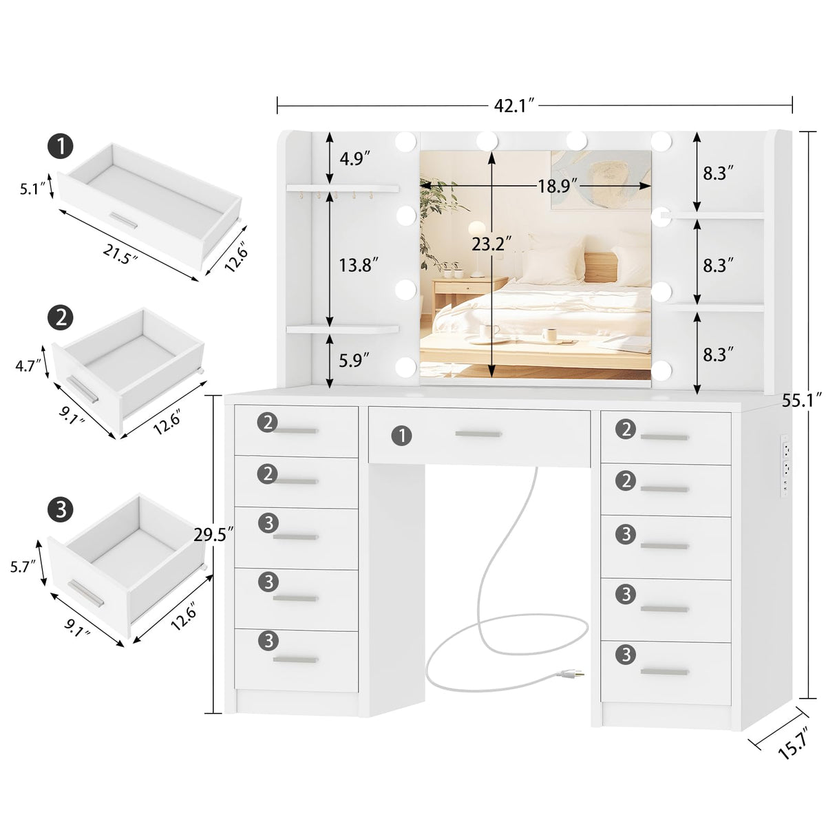 White Vanity Desk with Mirror and Lights E792076