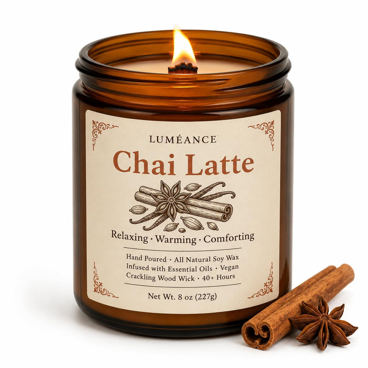 Chai Latte Scented Candle, 8 oz, Soy Wax, Crackling Wood Wick P7861