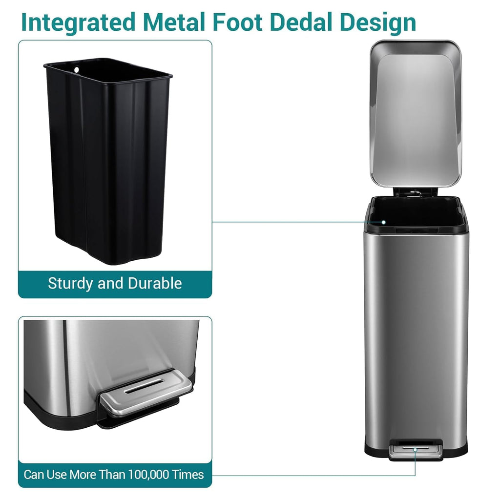 50L Slim Stainless Steel Step Trash Can with Soft-Close Lid H498