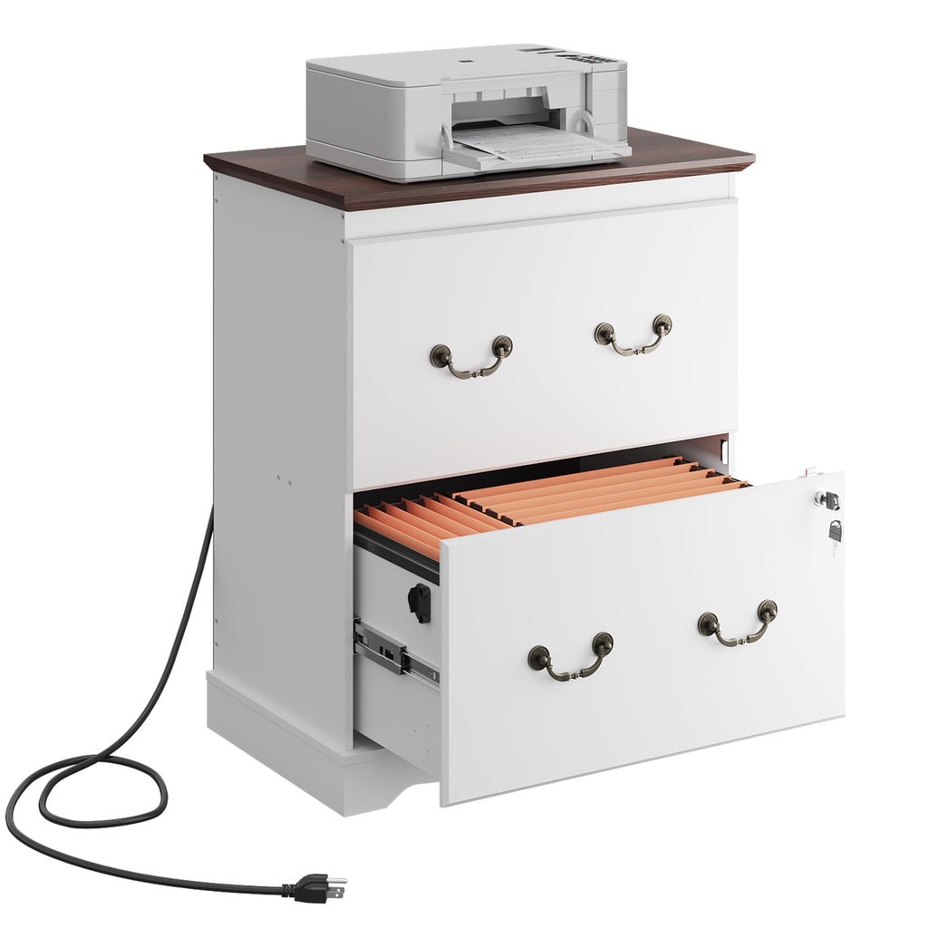 White 2 Drawer Wood File Cabinet with Charging Station and Lock O60299