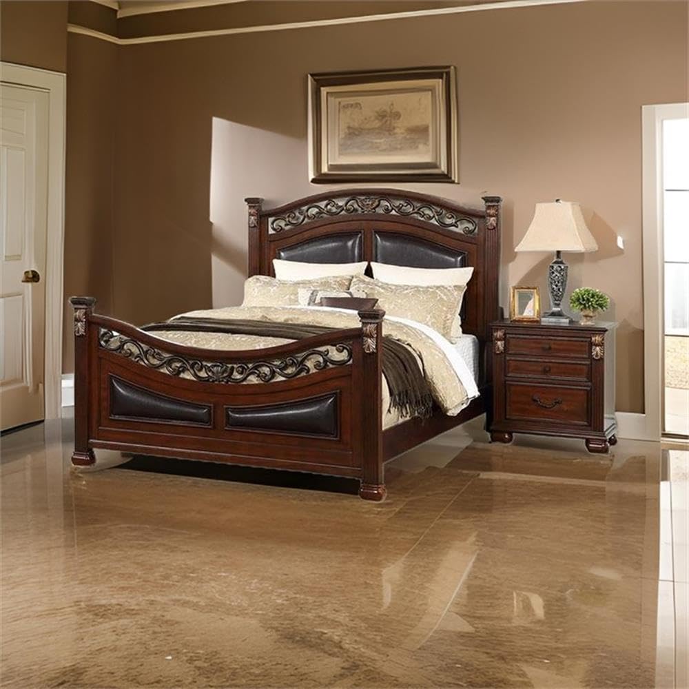 California King Wood Bed with Faux Leather Arched Headboard W1118