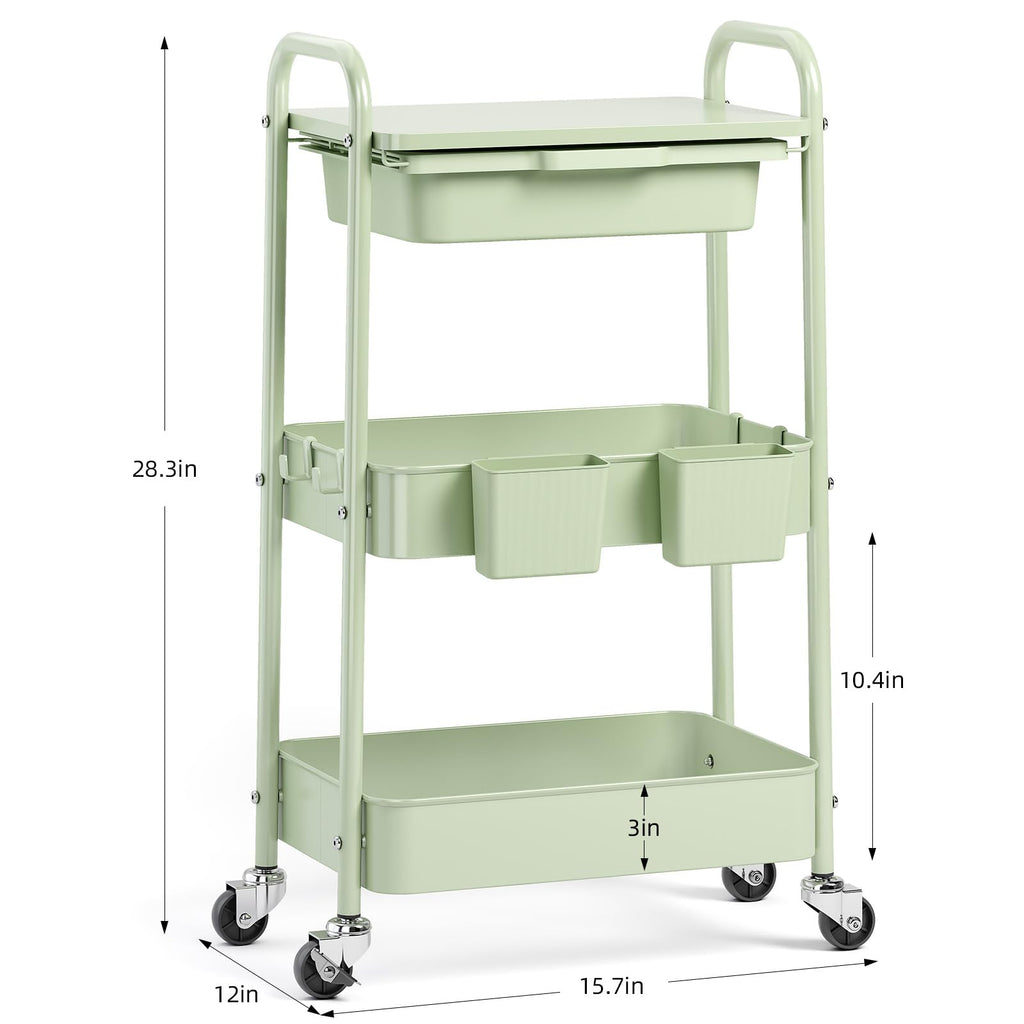 3 Tier Metal Rolling Cart with Drawer W200