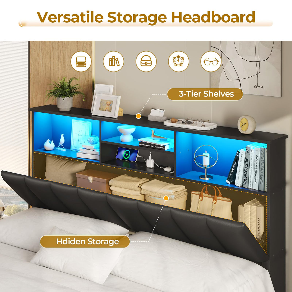 Black Full Size Wood Bed Frame with Bookcase Headboard and 4 Storage Drawers H54709