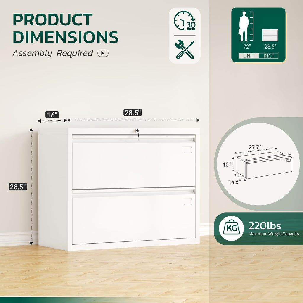 White 2 Drawer Metal File Cabinet with Lock W881