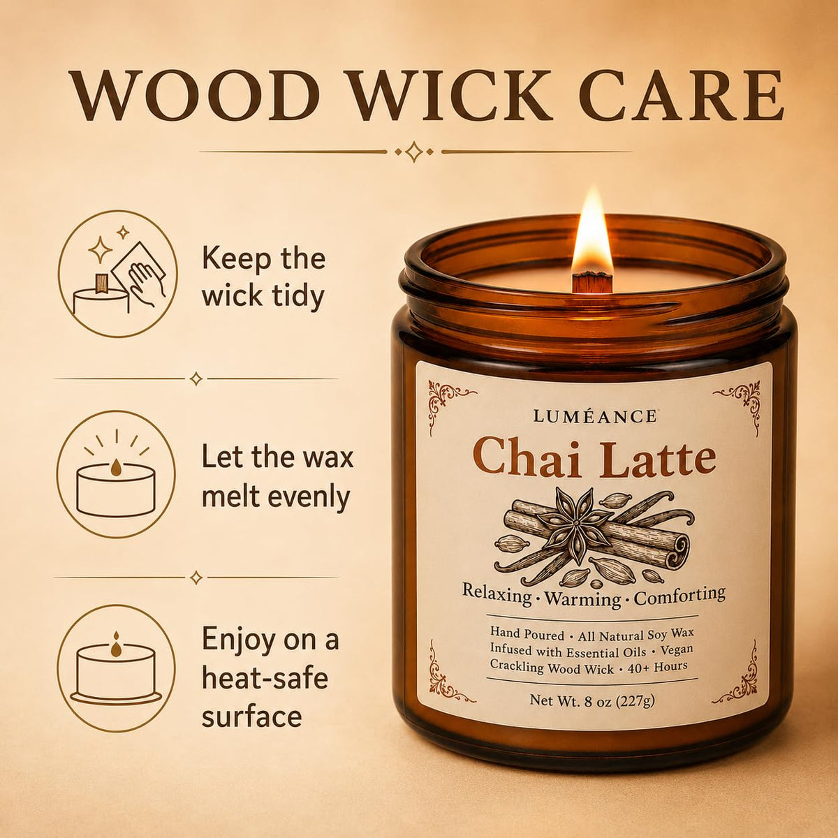 Chai Latte Scented Candle, 8 oz, Soy Wax, Crackling Wood Wick P7861