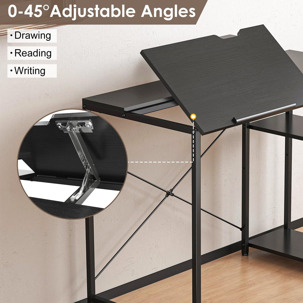 Black Adjustable Drafting Table with Storage Shelves & Drawer M32472