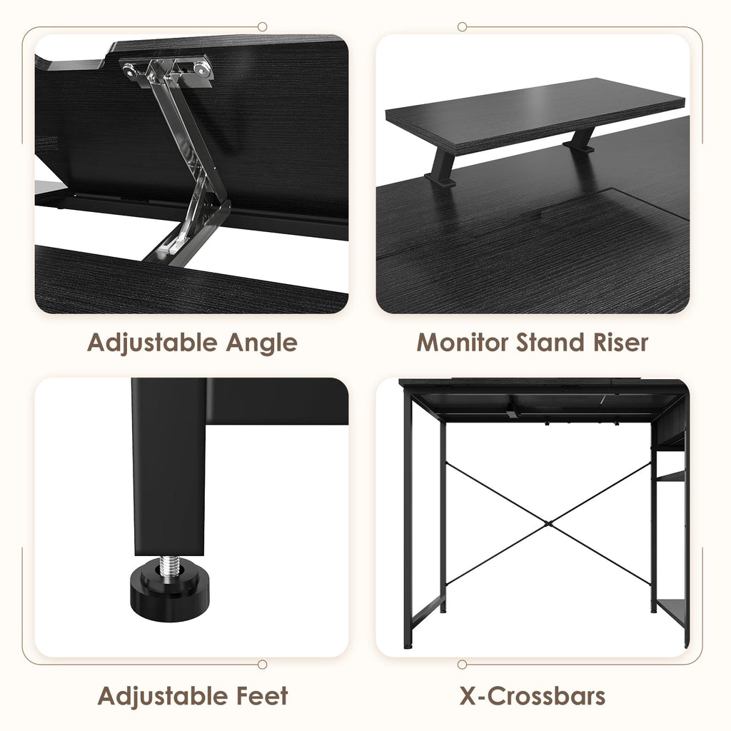 Black Adjustable Drafting Table with Storage Shelves & Drawer M32472