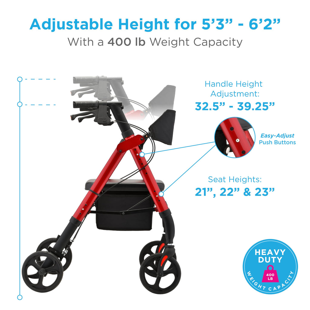 Foldable Rollator Walker with Seat, 400 lb Weight Capacity, 8” All-Terrain Wheels, Red C211127