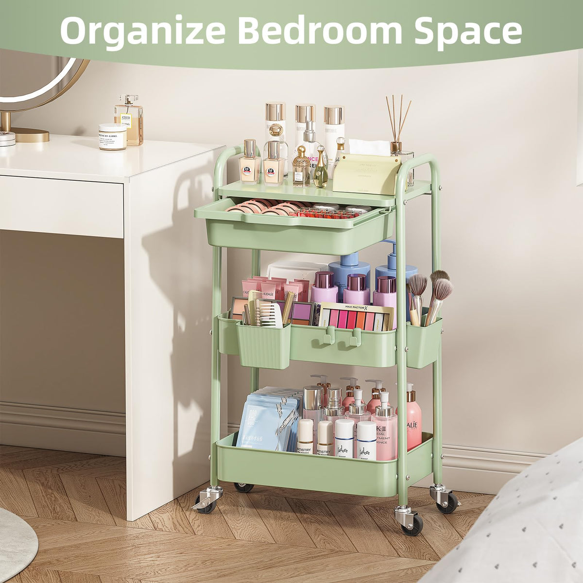 3 Tier Metal Rolling Cart with Drawer W200