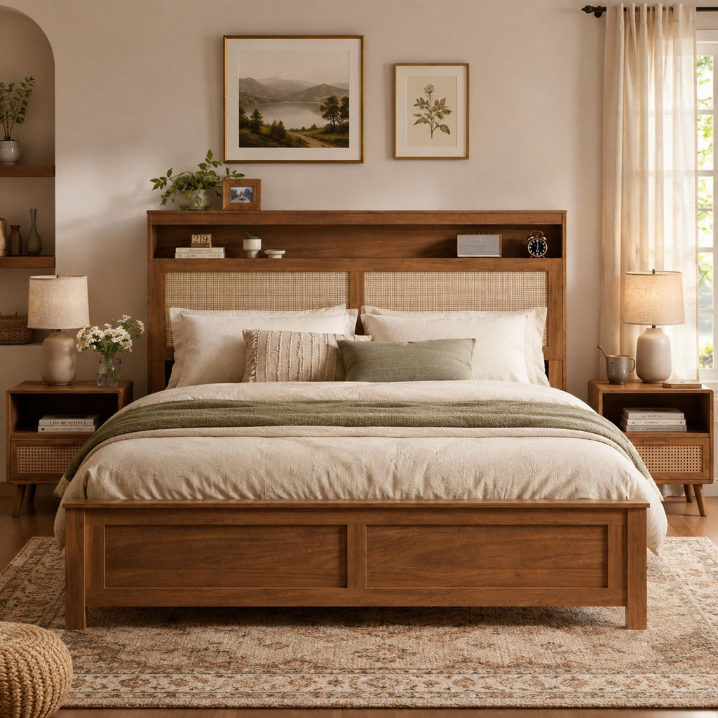 Brown Queen Wood Bed Frame with Storage Headboard D606144