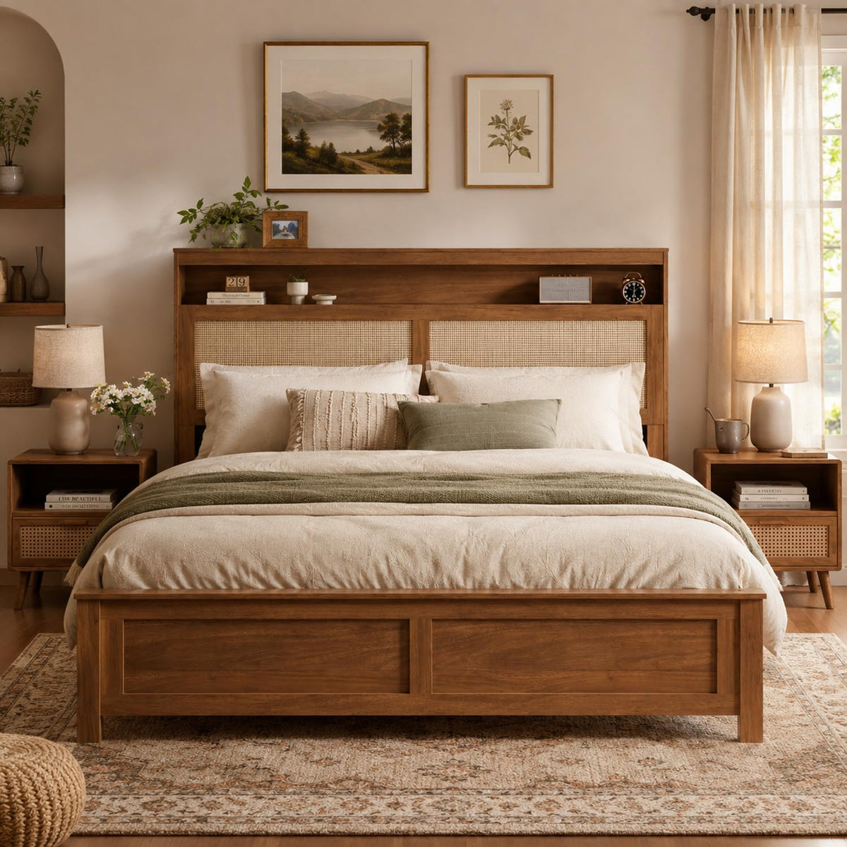 Brown Queen Wood Bed Frame with Storage Headboard D606144
