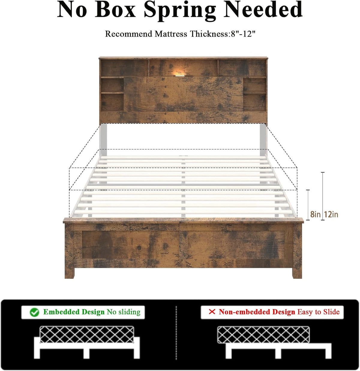 Full Size Storage Headboard Charging Station LED Platform Bed Frame G7578