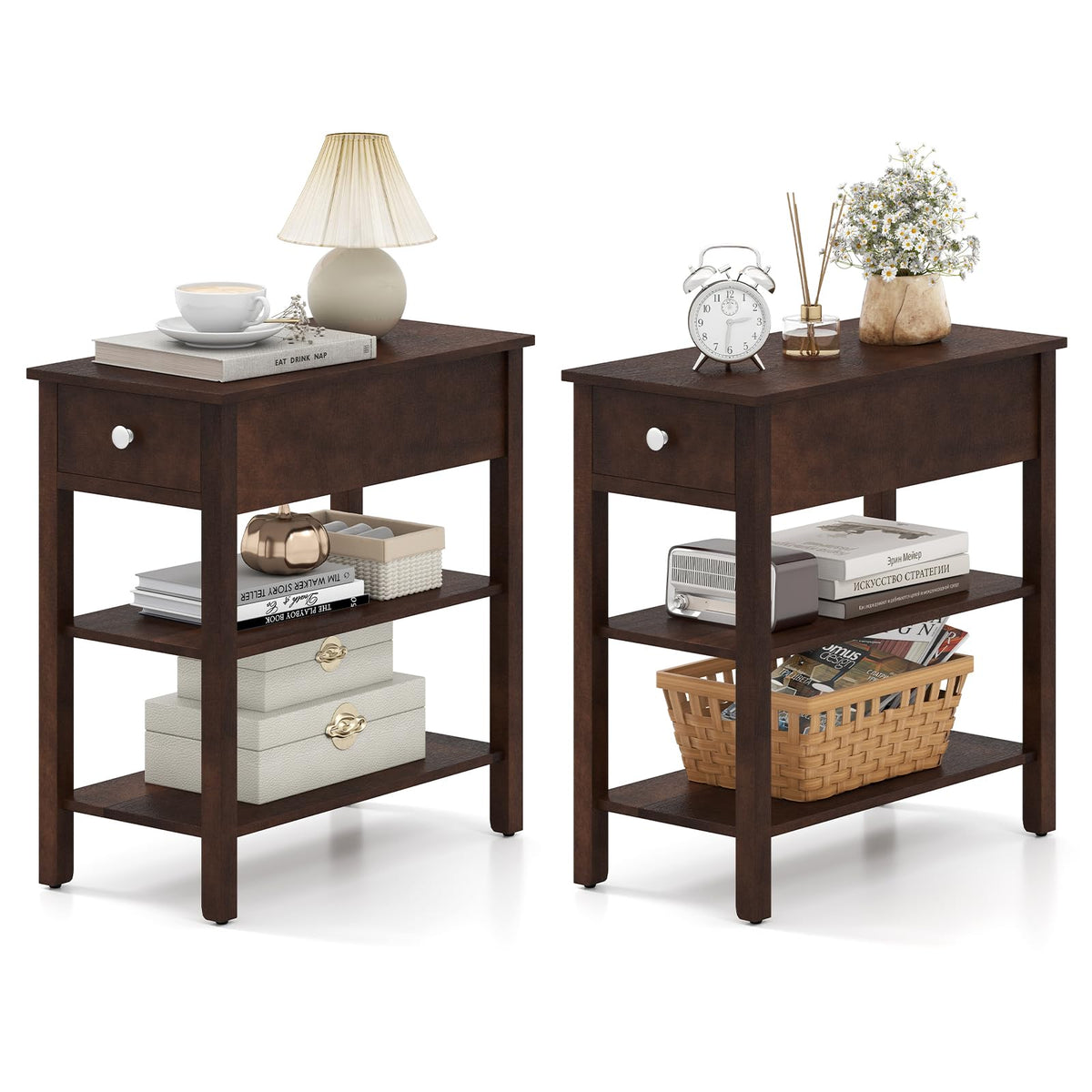 Narrow End Table Set of 2 Wood 3-Tier G769