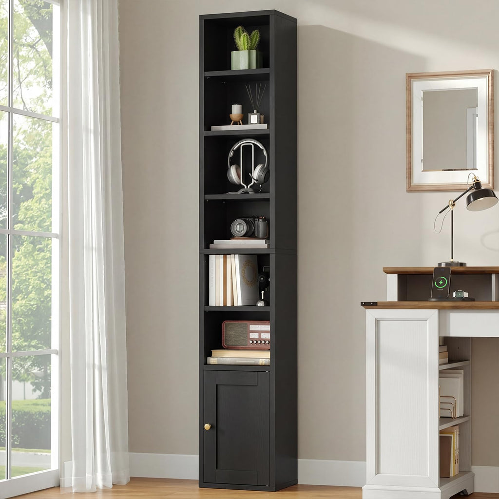 7-Tier Narrow Bookshelf with Door and Storage Cabinet, Black A32331