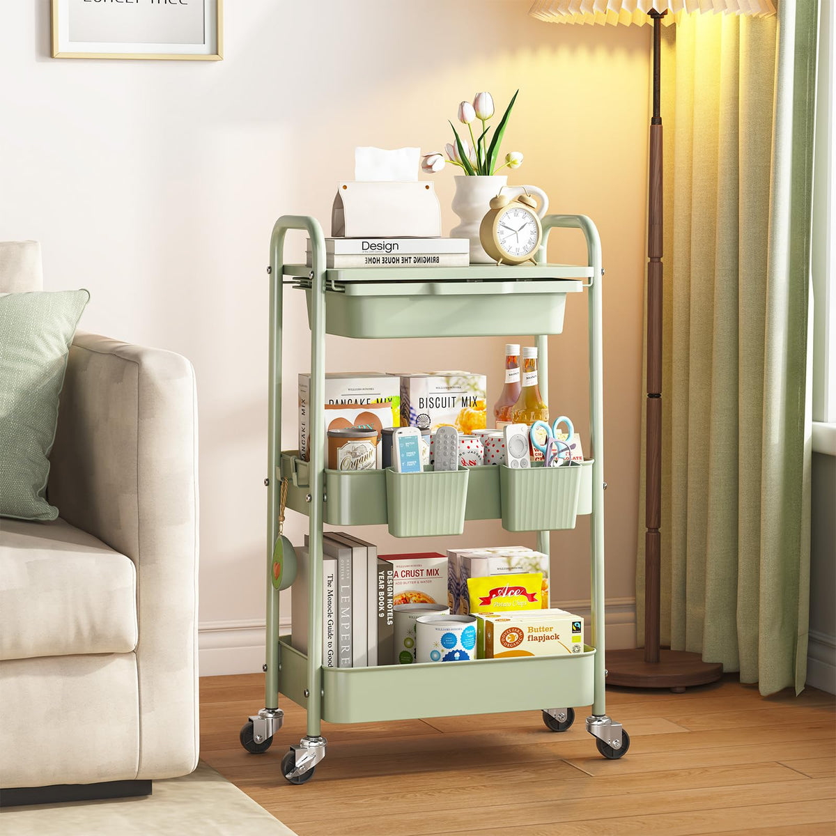 3 Tier Metal Rolling Cart with Drawer W200