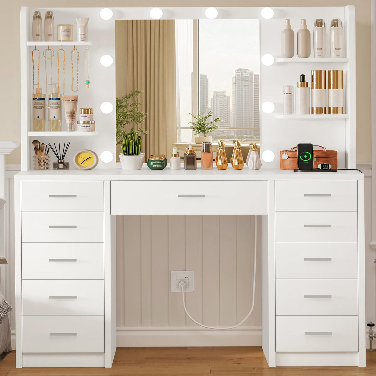 White Vanity Desk with Mirror and Lights E792076