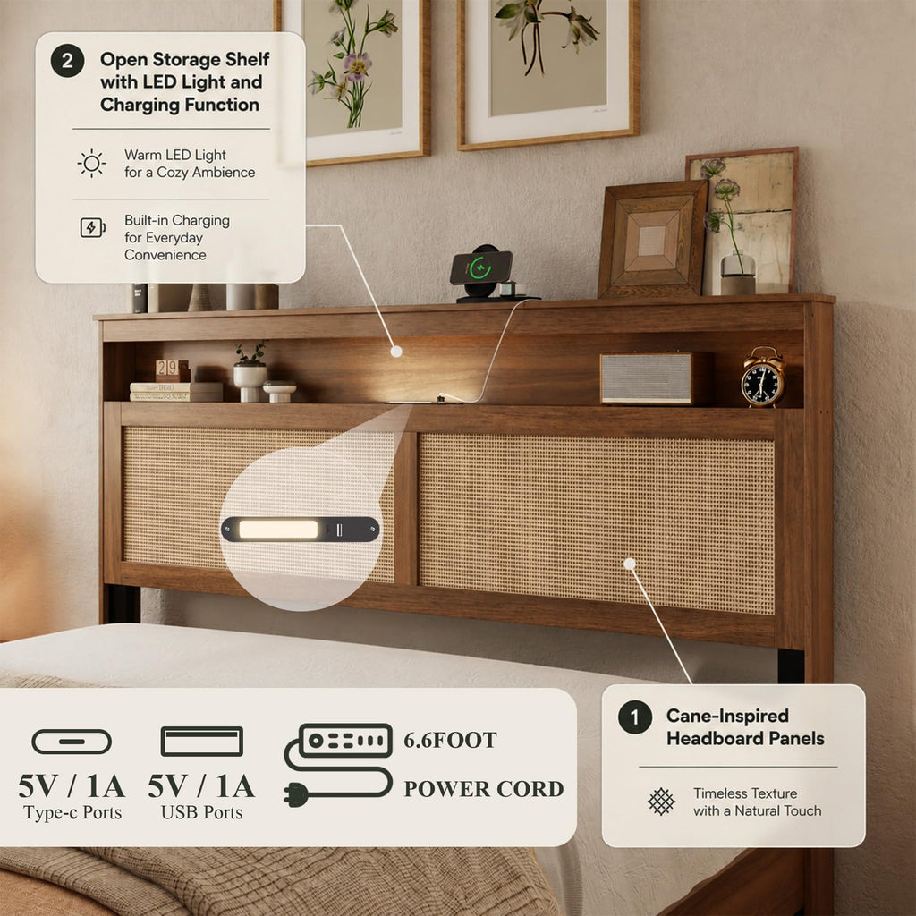 Brown Queen Wood Bed Frame with Storage Headboard D606144