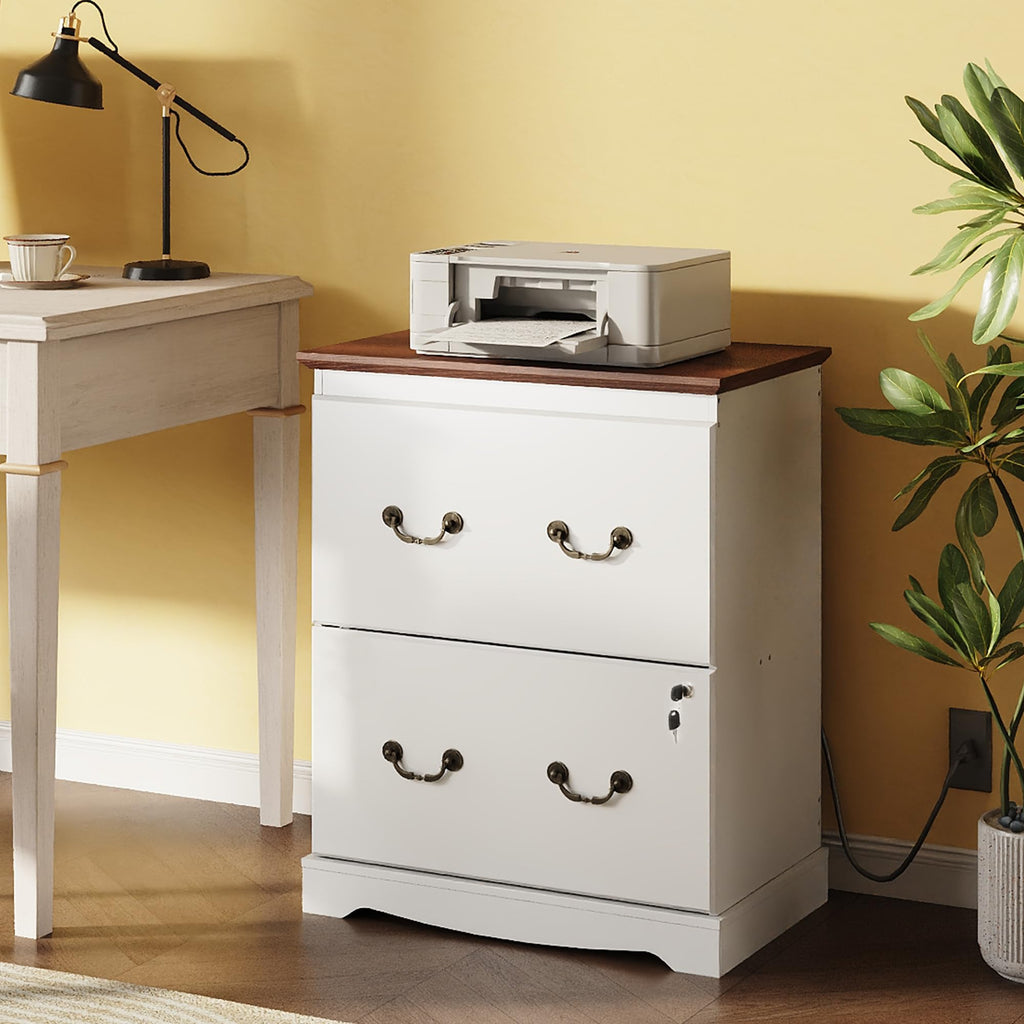 White 2 Drawer Wood File Cabinet with Charging Station and Lock O60299