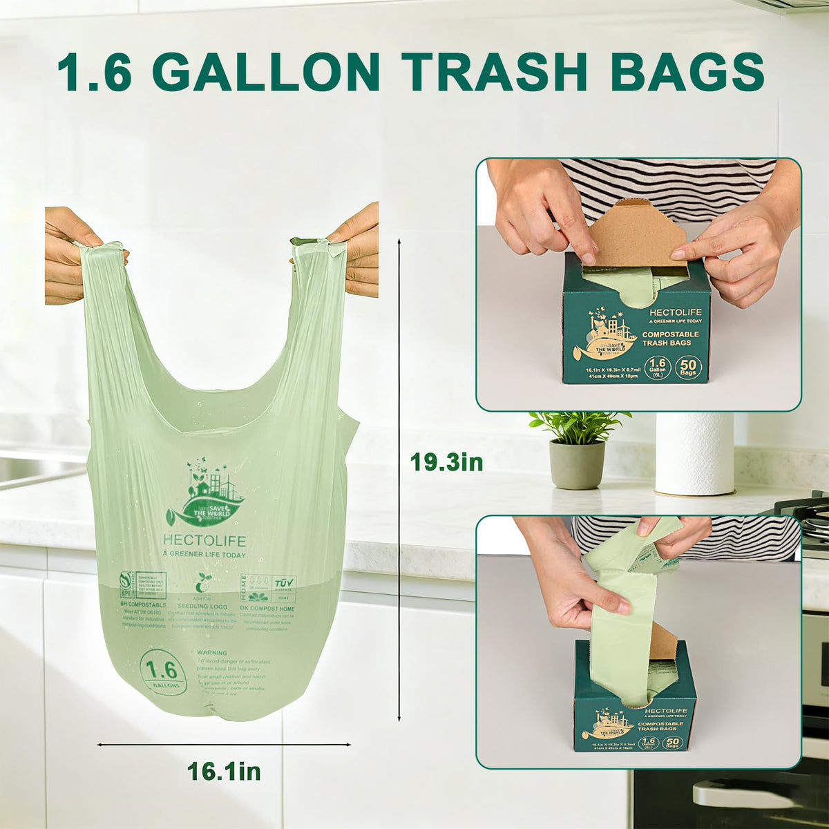 1.6 Gallon 100 Count Compostable Bags D6468