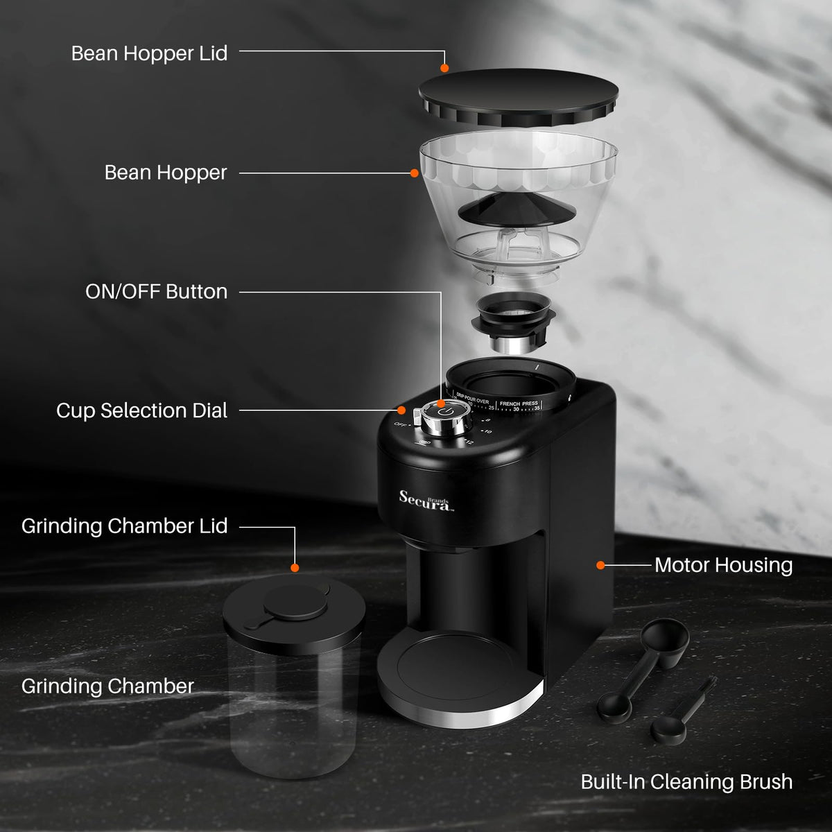 Electric Conical Burr Coffee Grinder with 35 Adjustable Grind Settings E953