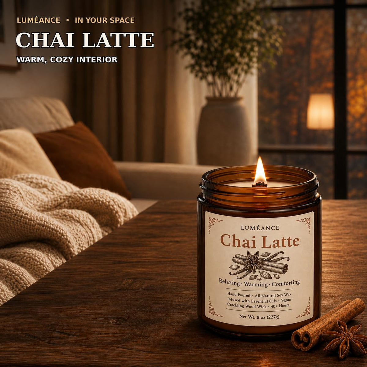 Chai Latte Scented Candle, 8 oz, Soy Wax, Crackling Wood Wick P7861