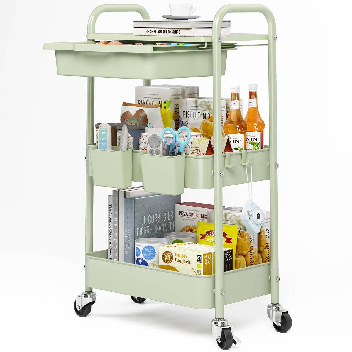 3 Tier Metal Rolling Cart with Drawer W200