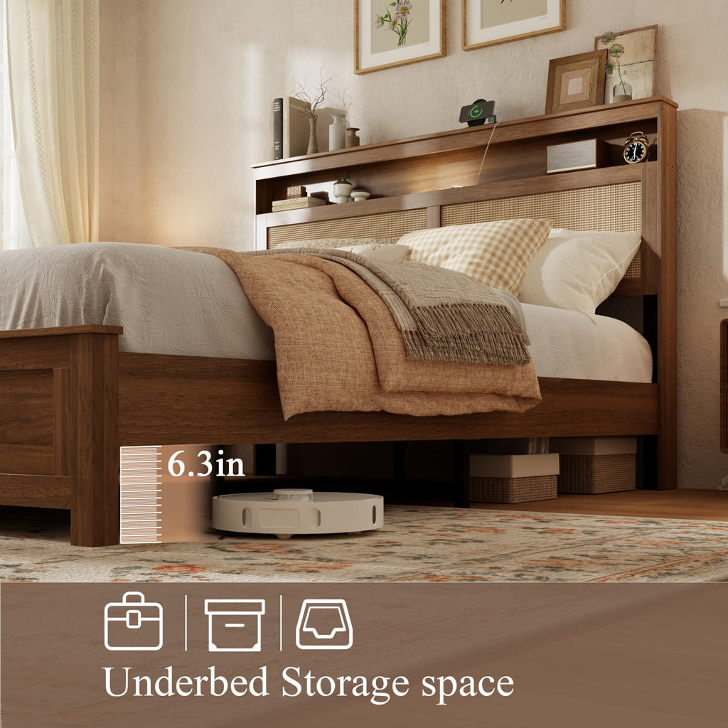 Brown Queen Wood Bed Frame with Storage Headboard D606144