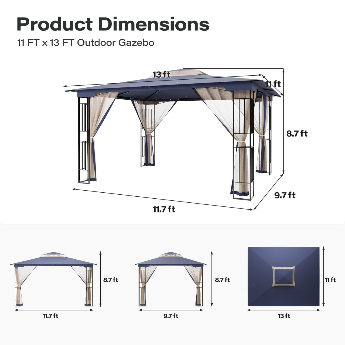 13' x 11' Navy Blue Outdoor Patio Gazebo with Mosquito Netting E967430