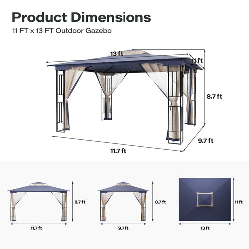 13' x 11' Navy Blue Outdoor Patio Gazebo with Mosquito Netting E967430