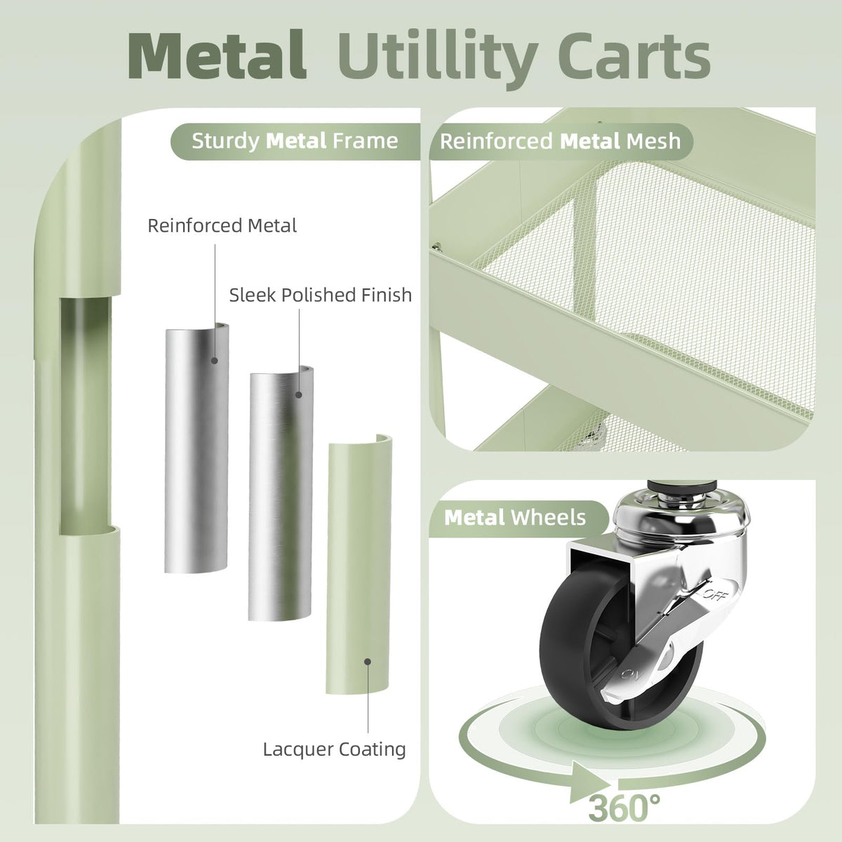 3 Tier Metal Rolling Cart with Drawer W200