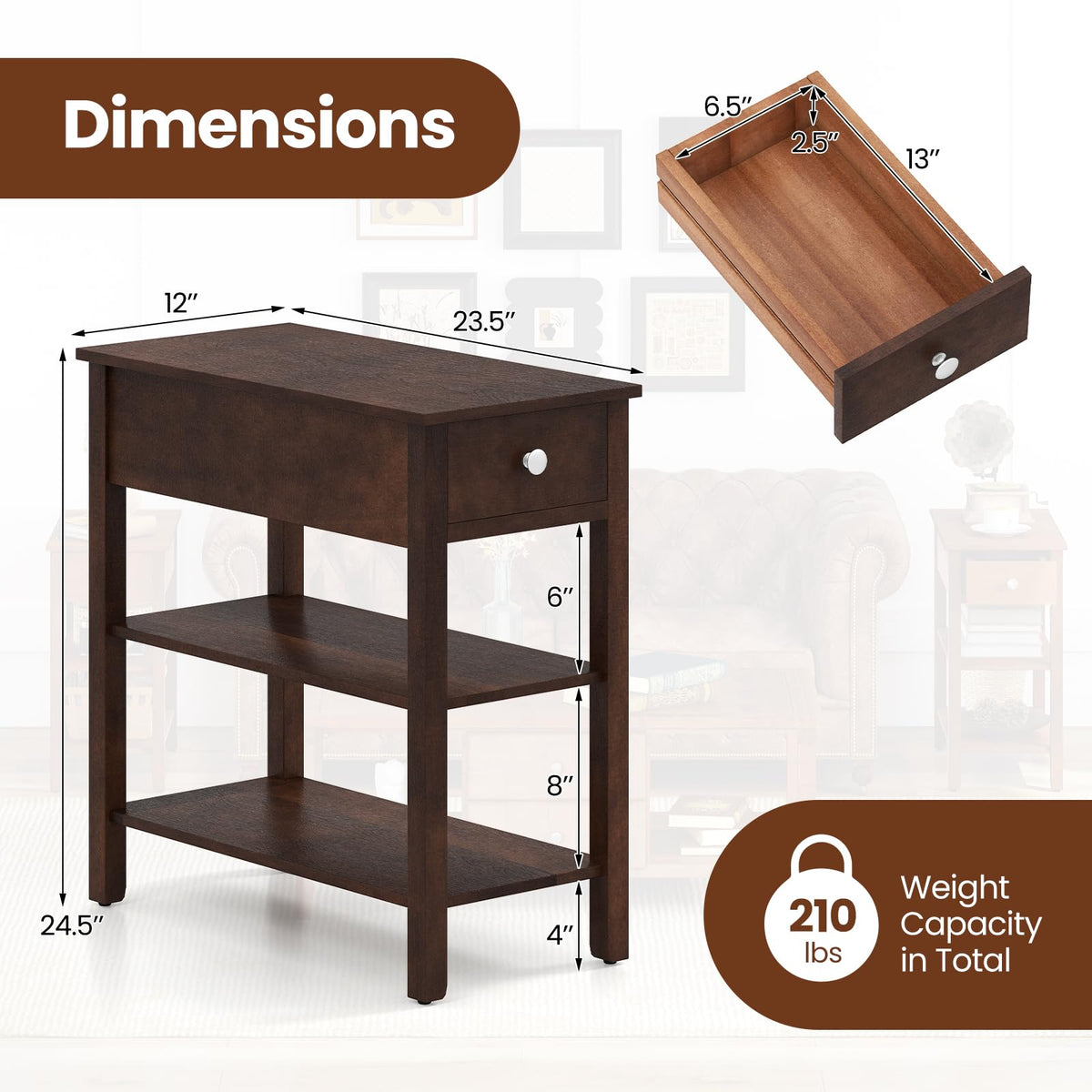 Narrow End Table Set of 2 Wood 3-Tier G769