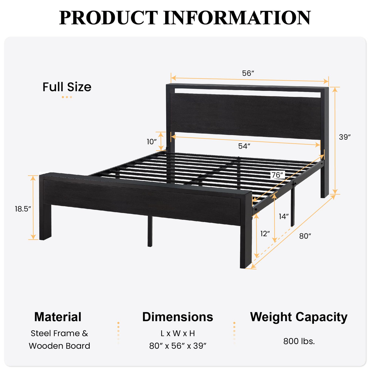 Full Size Bed Frame with Wooden Headboard and Footboard E1387