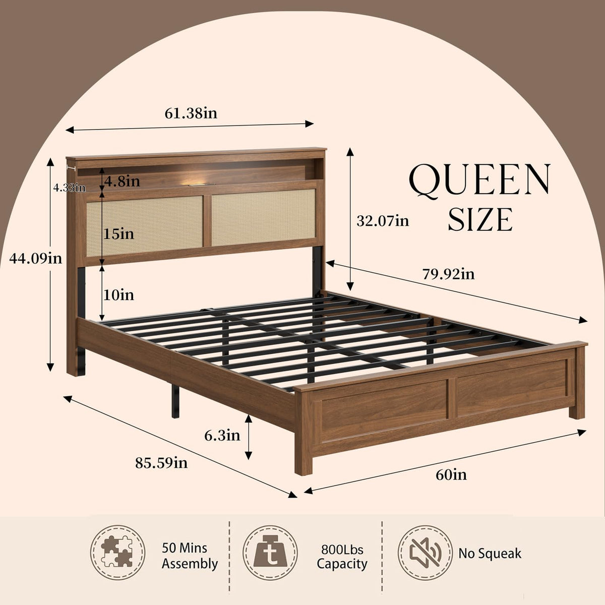 Brown Queen Wood Bed Frame with Storage Headboard D606144