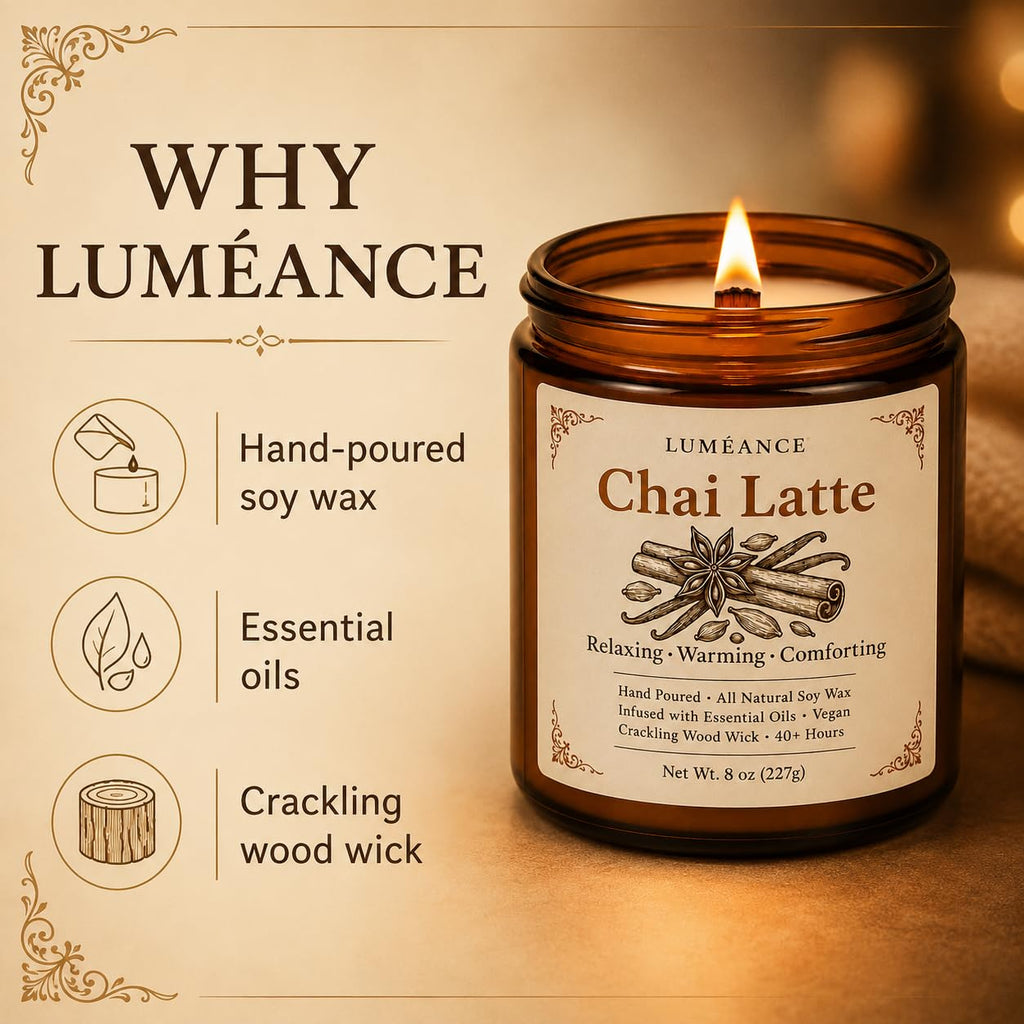 Chai Latte Scented Candle, 8 oz, Soy Wax, Crackling Wood Wick P7861