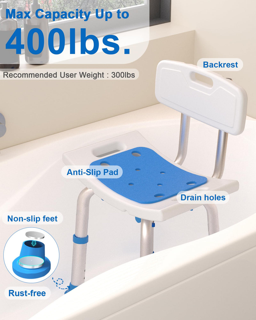 Heavy Duty Height Adjustable Shower Chair with Arms and Back P339827
