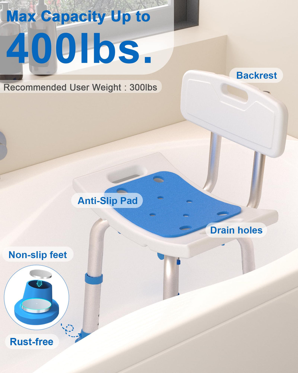 Heavy Duty Height Adjustable Shower Chair with Arms and Back P339827