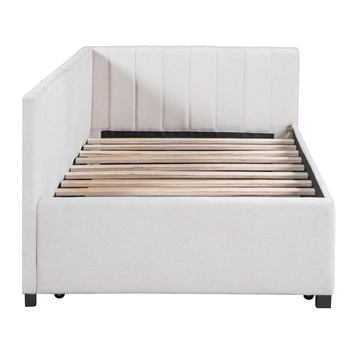 Upholstered Twin Daybed with Trundle, Linen Fabric, Beige G781